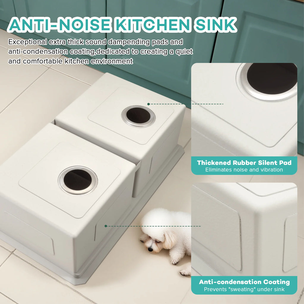 Sound-dampening pads and anti-condensation coating on a double bowl kitchen sink