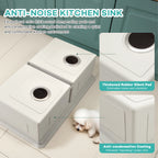 Sound-dampening pads and anti-condensation coating on a double bowl kitchen sink