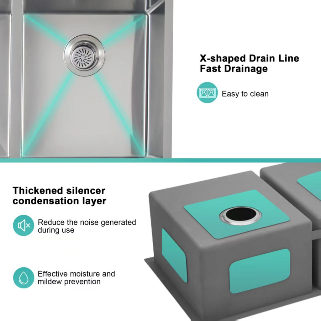 X-shaped drainage and sound-dampening detail on a double bowl kitchen sink