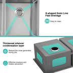 X-shaped drainage and sound-dampening detail on a double bowl kitchen sink