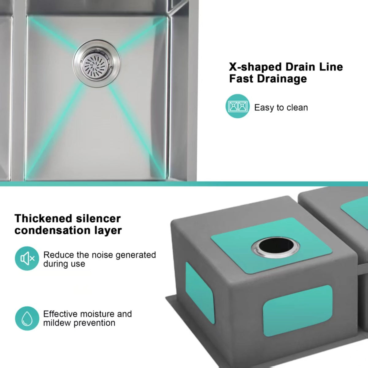 X-shaped drainage and sound-dampening detail on a double bowl kitchen sink