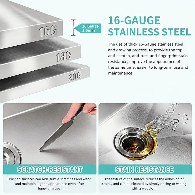 16 gauge T304 stainless steel double bowl kitchen sink material detail