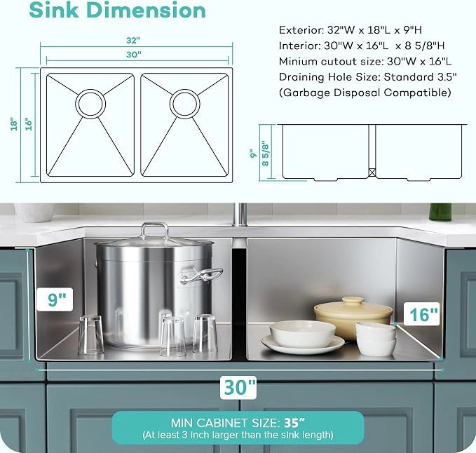 32 by 18 inch double bowl kitchen sink dimensions