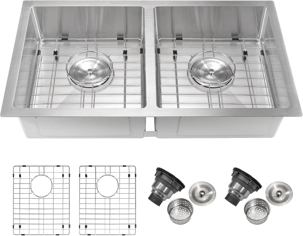 32 inch stainless steel dual-mount double bowl kitchen sink with bottom grids and drain assemblies