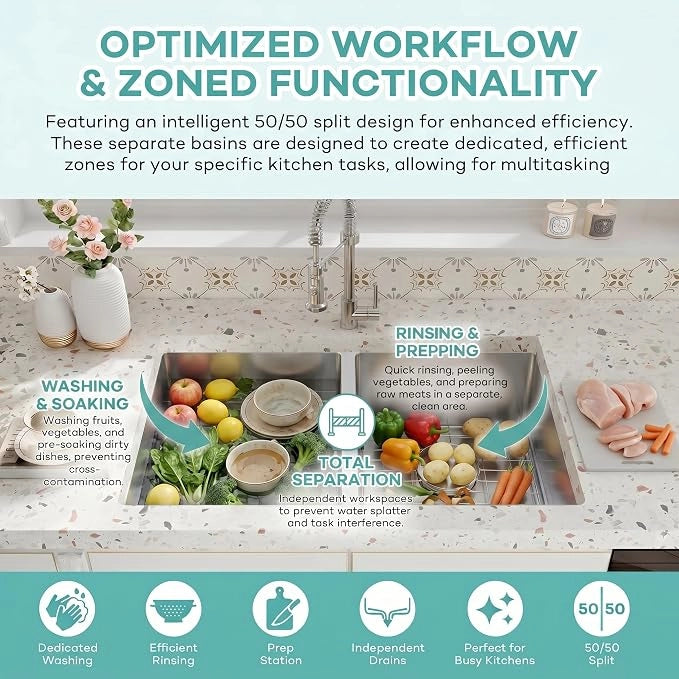 50 50 double bowl kitchen sink with separate washing and food prep zones