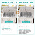 Top-mount and undermount installation options for a double bowl kitchen sink