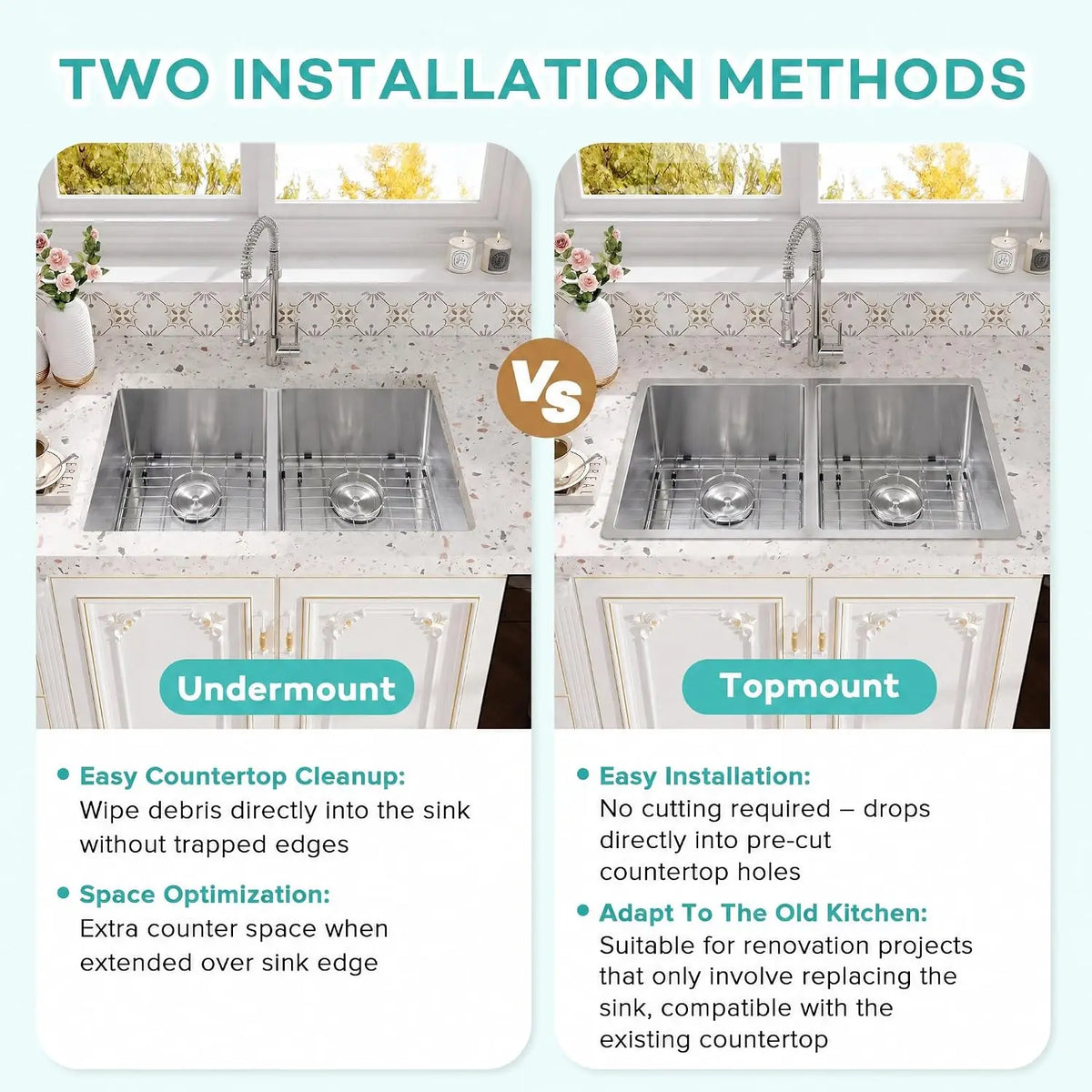 Top-mount and undermount installation options for a double bowl kitchen sink