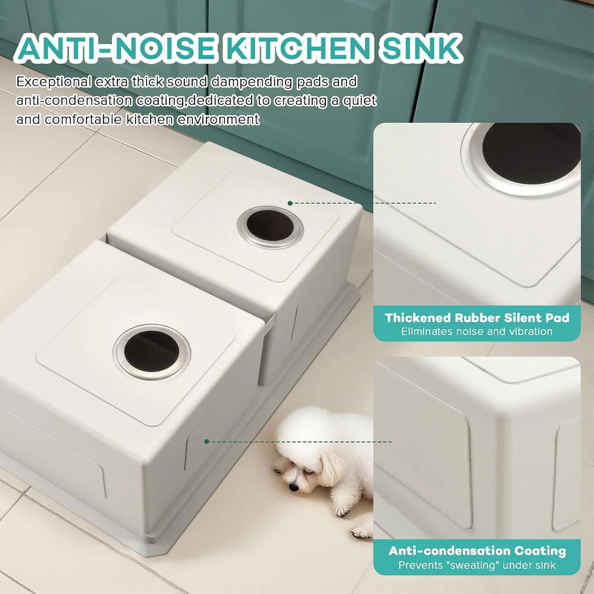Sound-dampening pads and anti-condensation coating on a double bowl kitchen sink