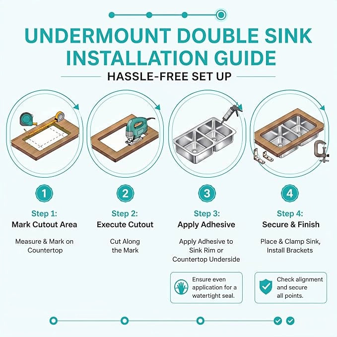 Undermount installation guide for a stainless steel double bowl kitchen sink