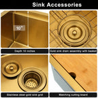 Gold bar sink showing 10 inch bowl depth drain assembly bottom grid and cutting board