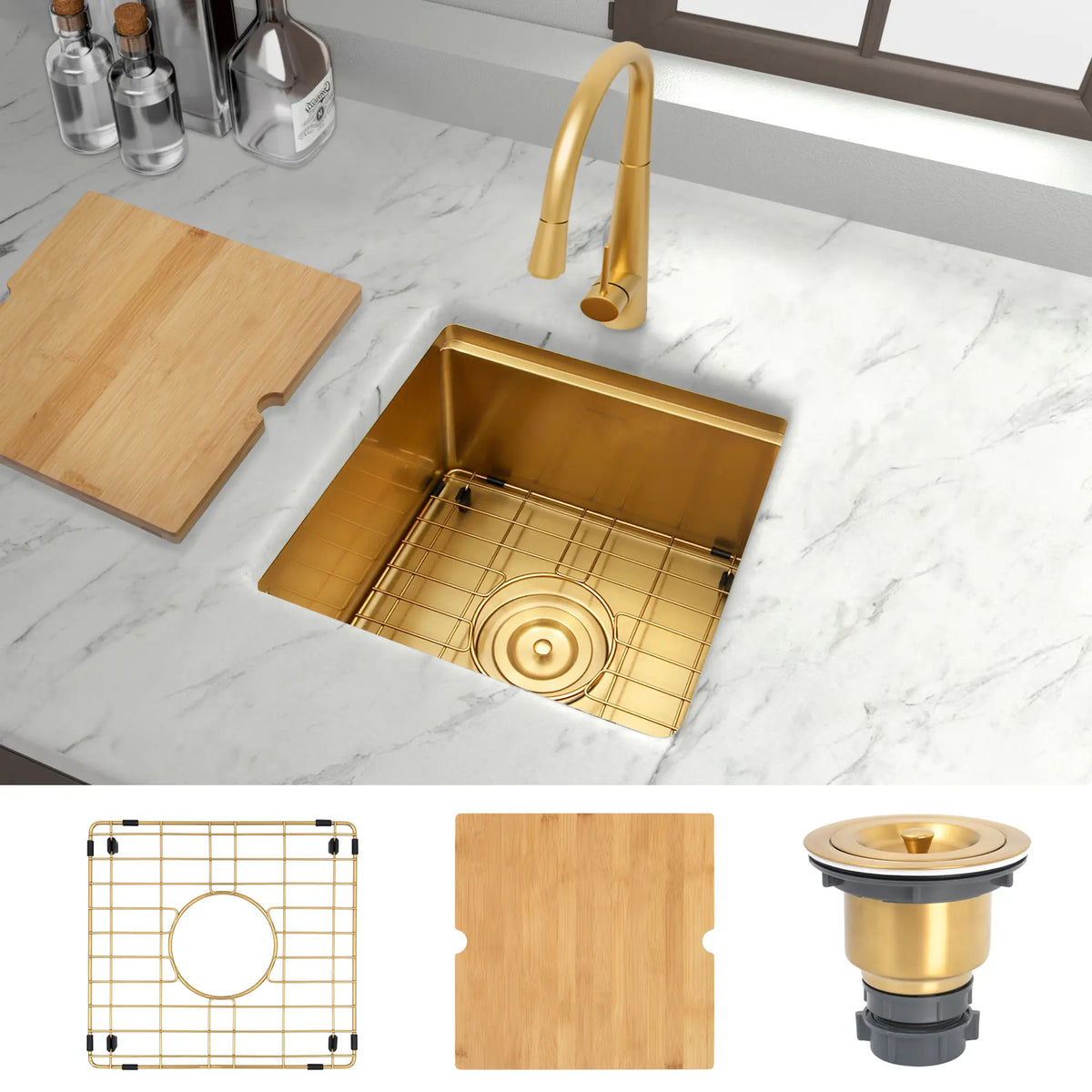 Gold workstation bar sink with cutting board bottom grid and drain