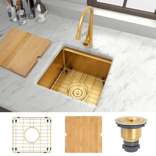 Gold workstation bar sink with cutting board bottom grid and drain