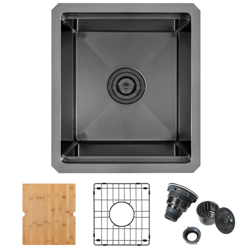 15 inch black undermount single bowl bar sink with cutting board bottom grid and drain
