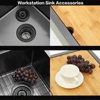 Workstation bar sink accessories including cutting board bottom grid and drain