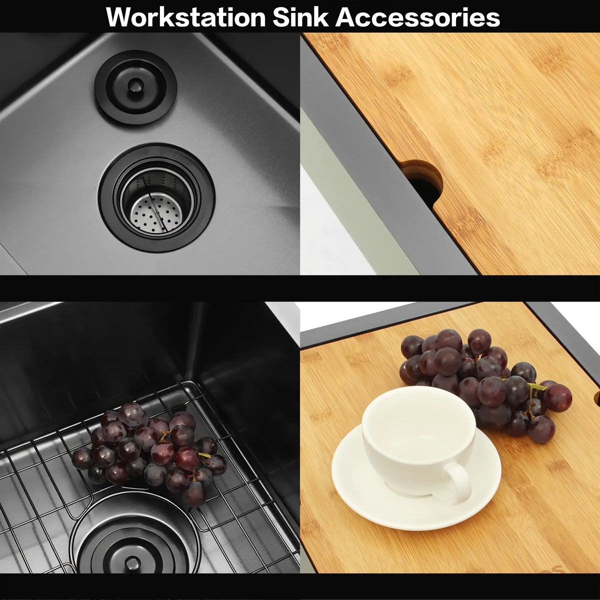 Workstation bar sink accessories including cutting board bottom grid and drain