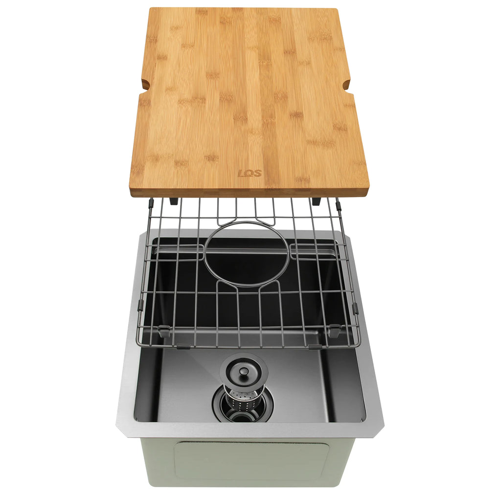 Black workstation bar sink accessory set with cutting board and bottom grid