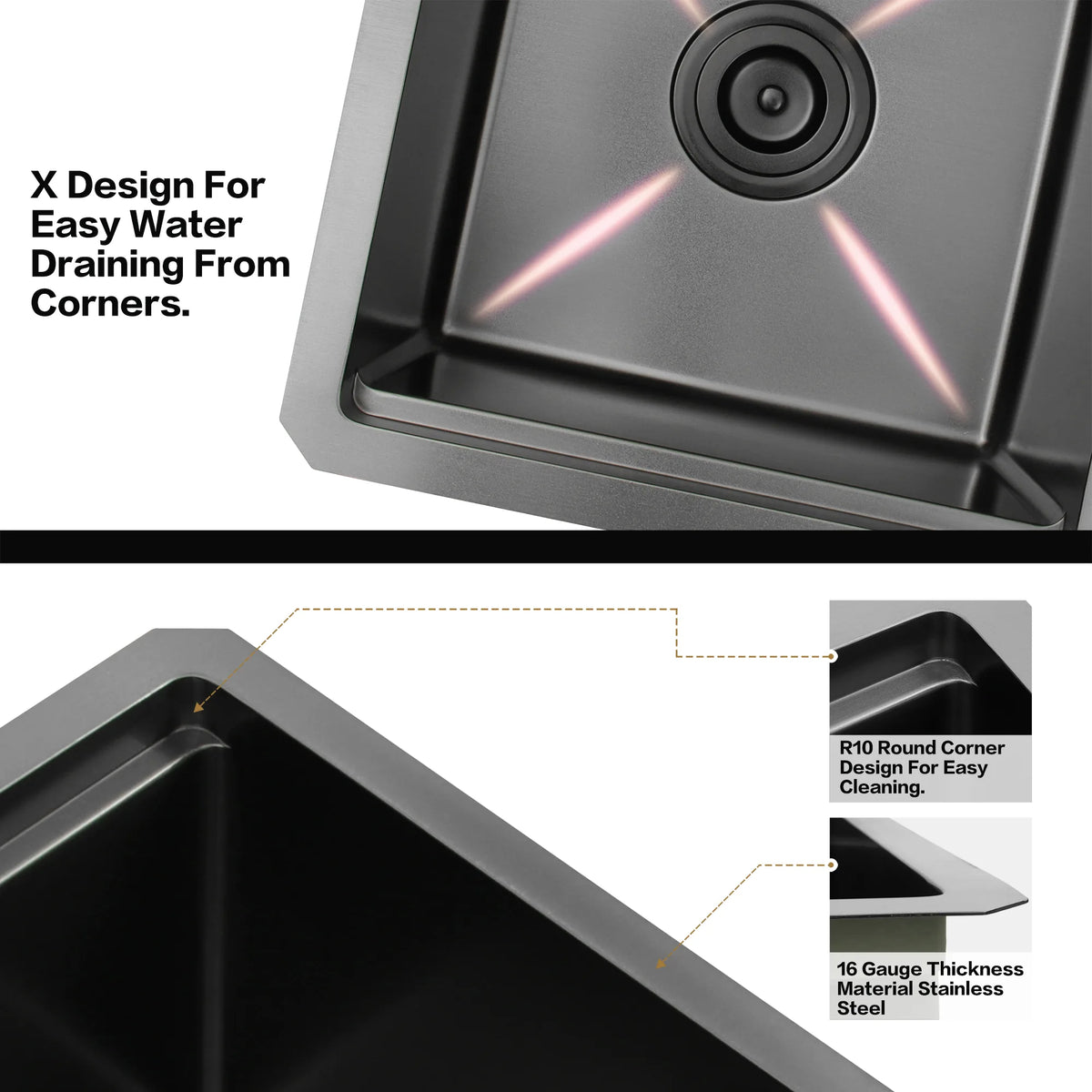 Black bar sink with X-shaped drainage and R10 rounded corners
