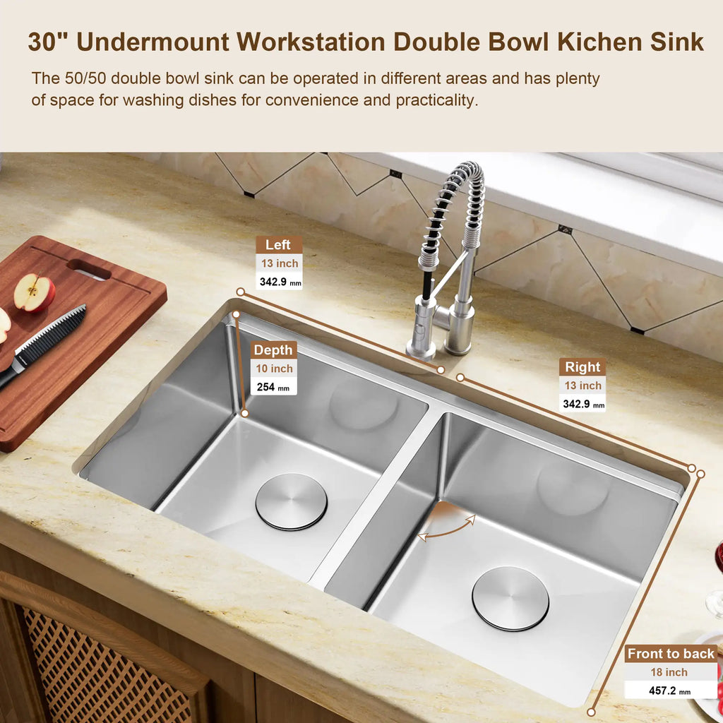 30" Undermount Workstation Double Bowl Kitchen Sink