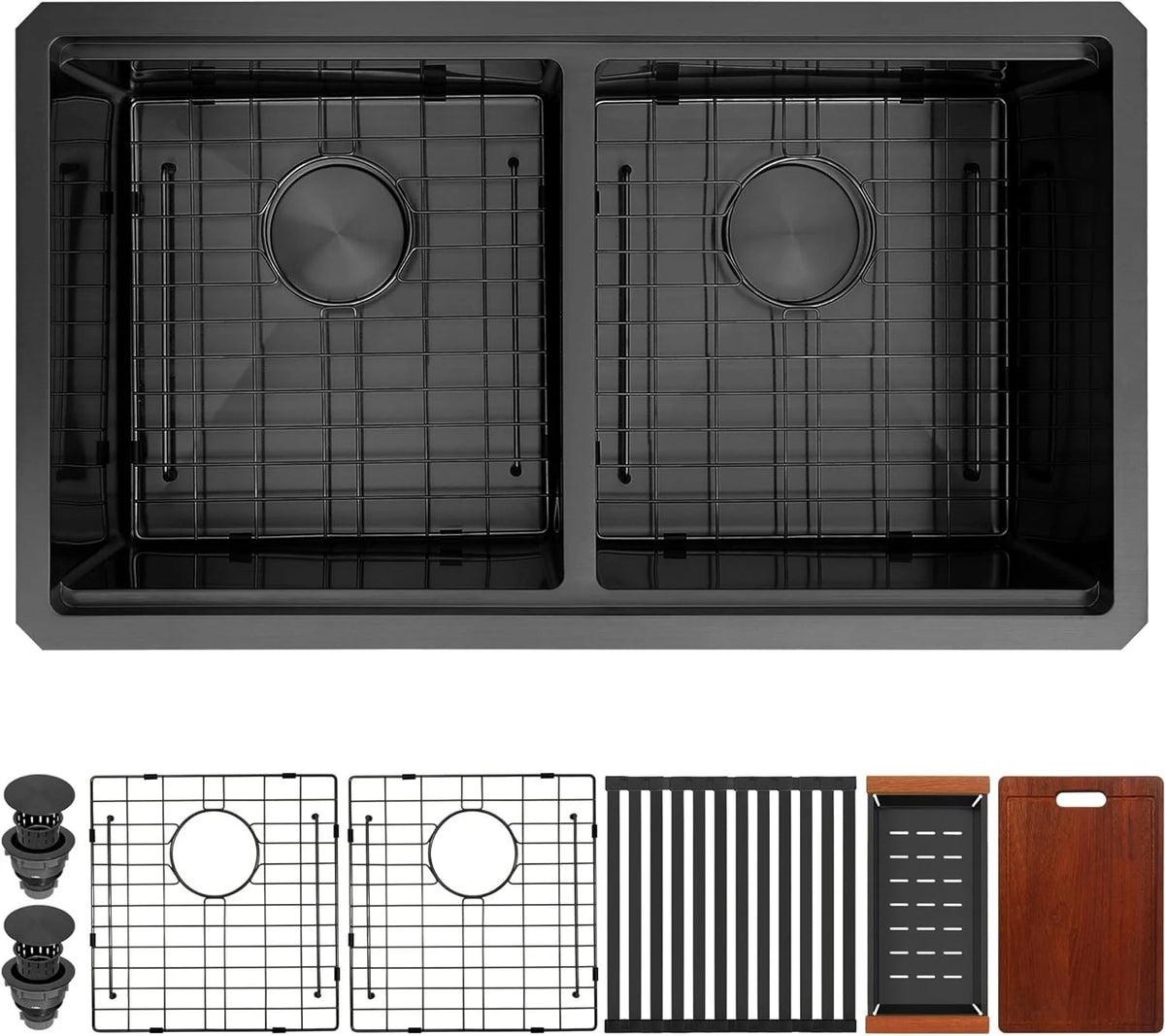 Black 30 inch double bowl workstation kitchen sink with matching bottom grids