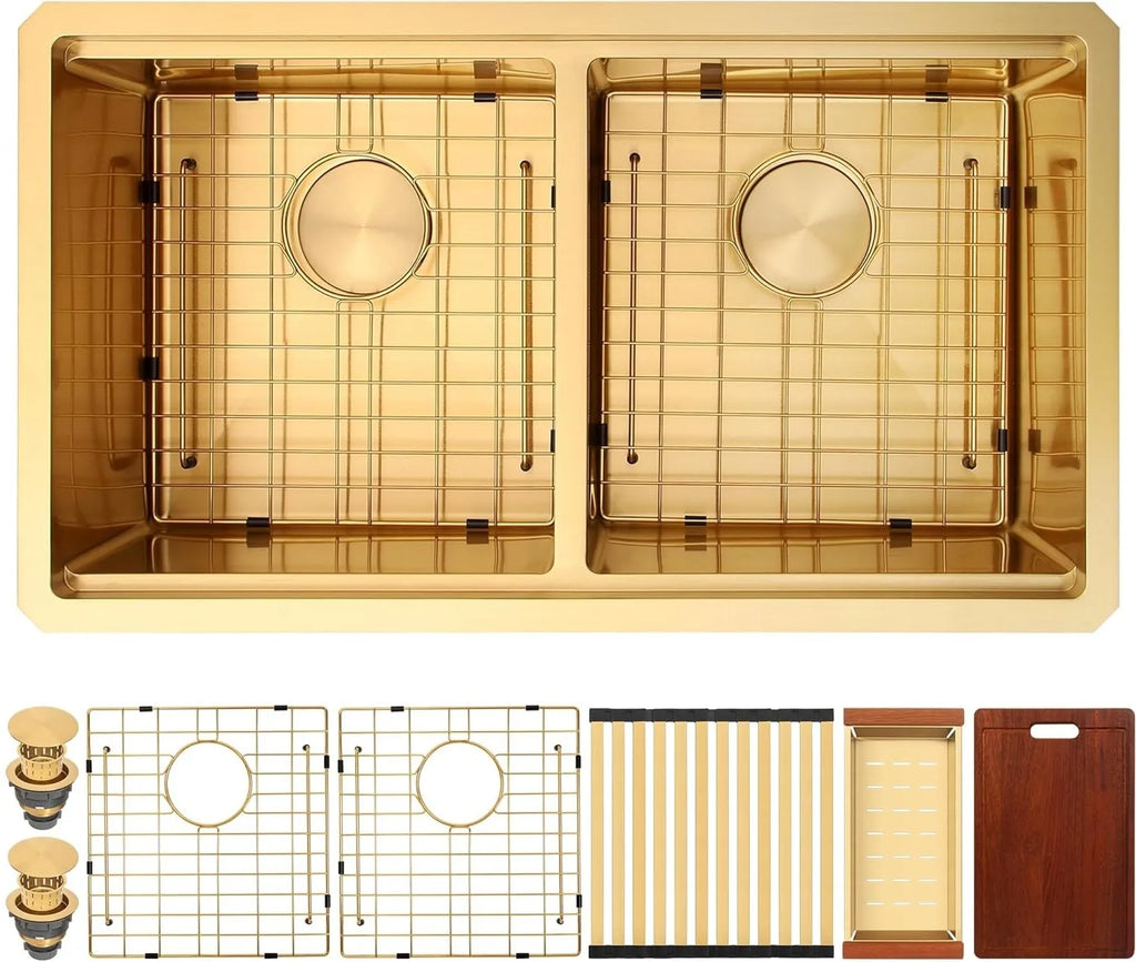 Gold 30 inch double bowl workstation kitchen sink with matching bottom grids