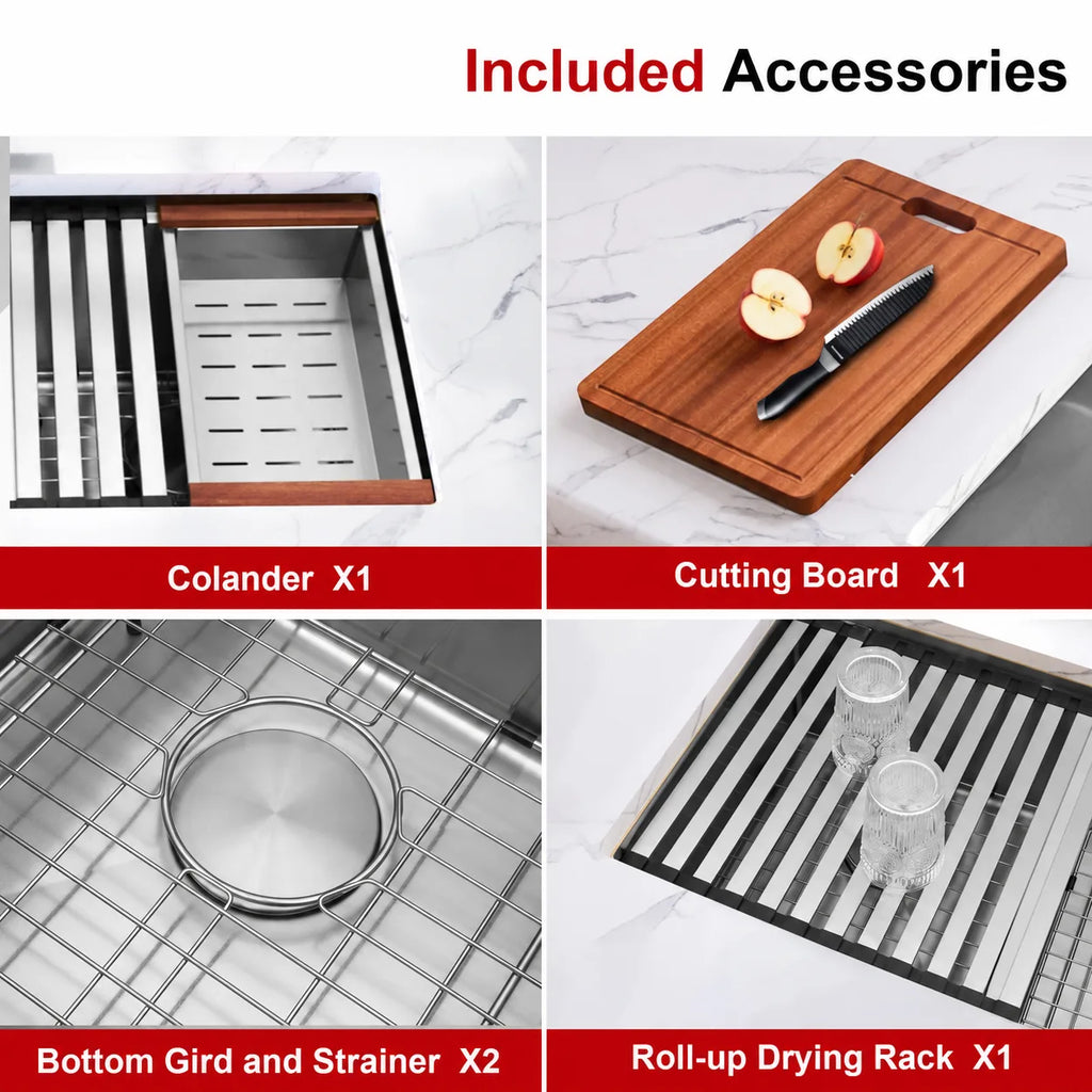 Included cutting board colander bottom grids and roll up drying rack for workstation sink