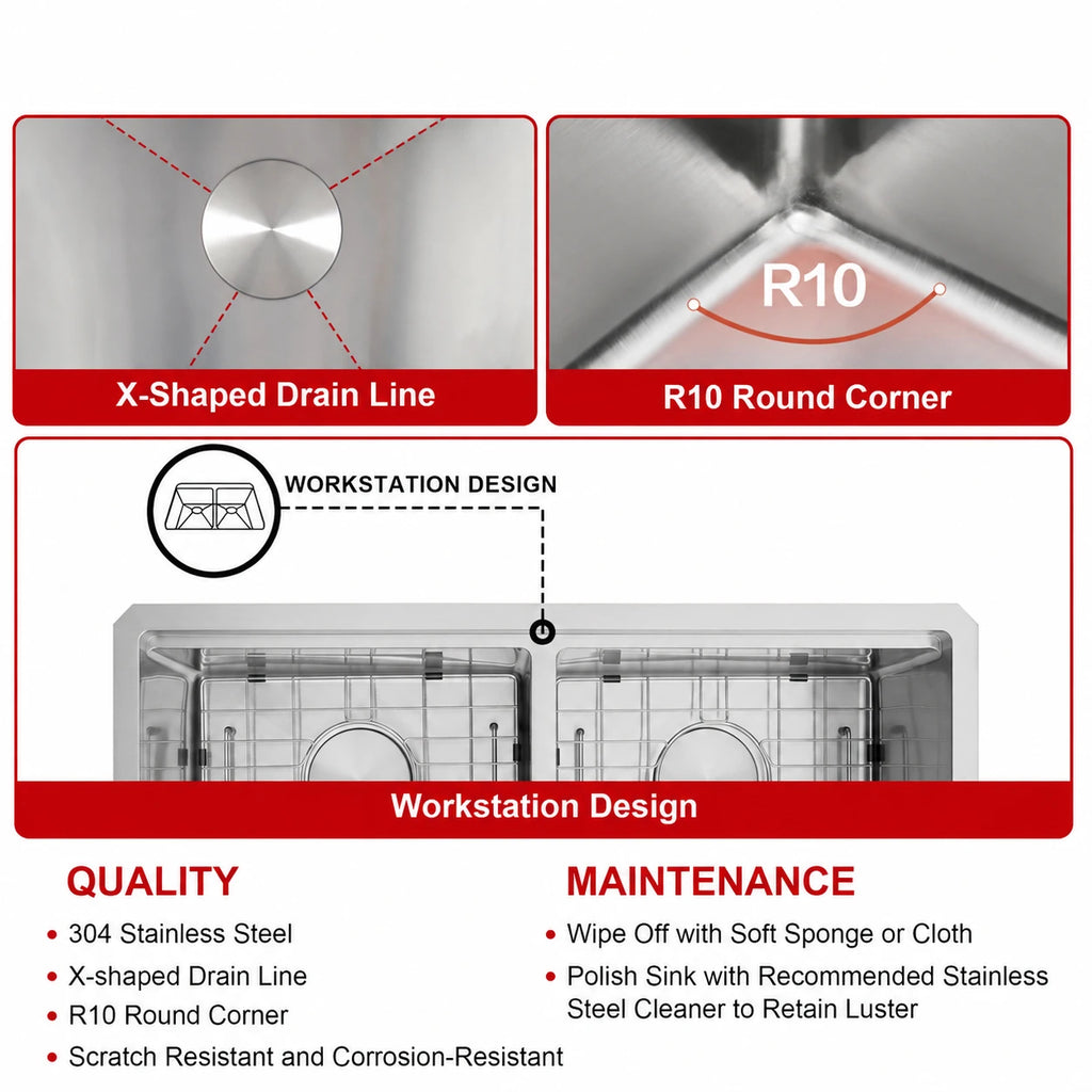 Workstation kitchen sink with R10 rounded corners and X shaped drain lines