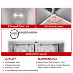 Workstation kitchen sink with R10 rounded corners and X shaped drain lines