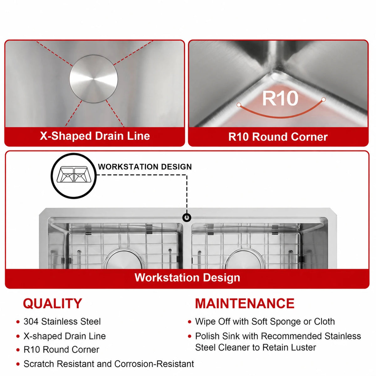Workstation kitchen sink with R10 rounded corners and X shaped drain lines