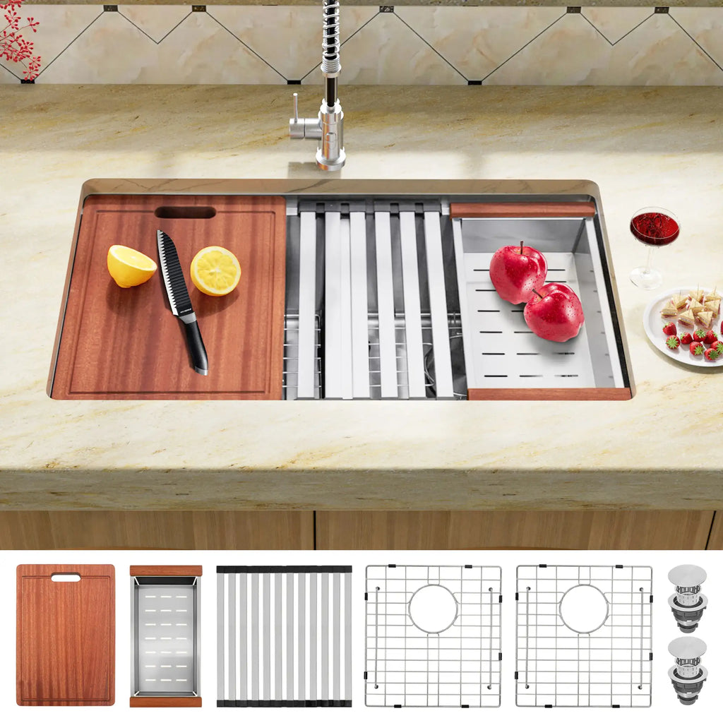Undermount workstation double bowl sink with cutting board drying rack and colander