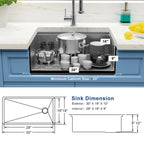 Dimensions of LQS 30 inch undermount workstation kitchen sink with right offset drain