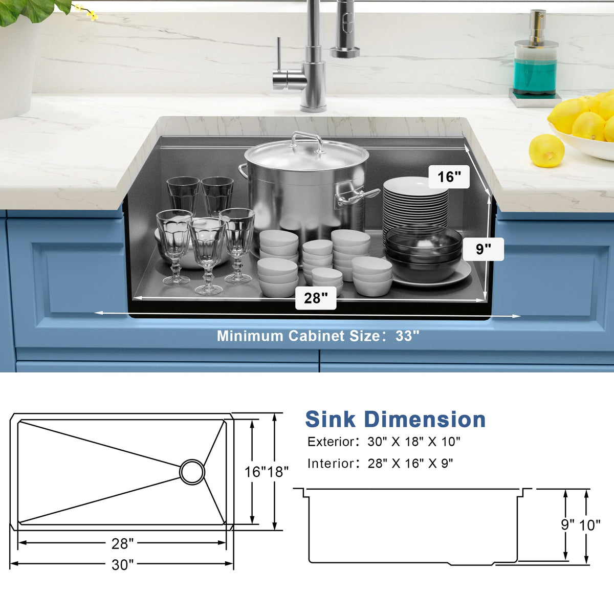Dimensions of LQS 30 inch undermount workstation kitchen sink with right offset drain