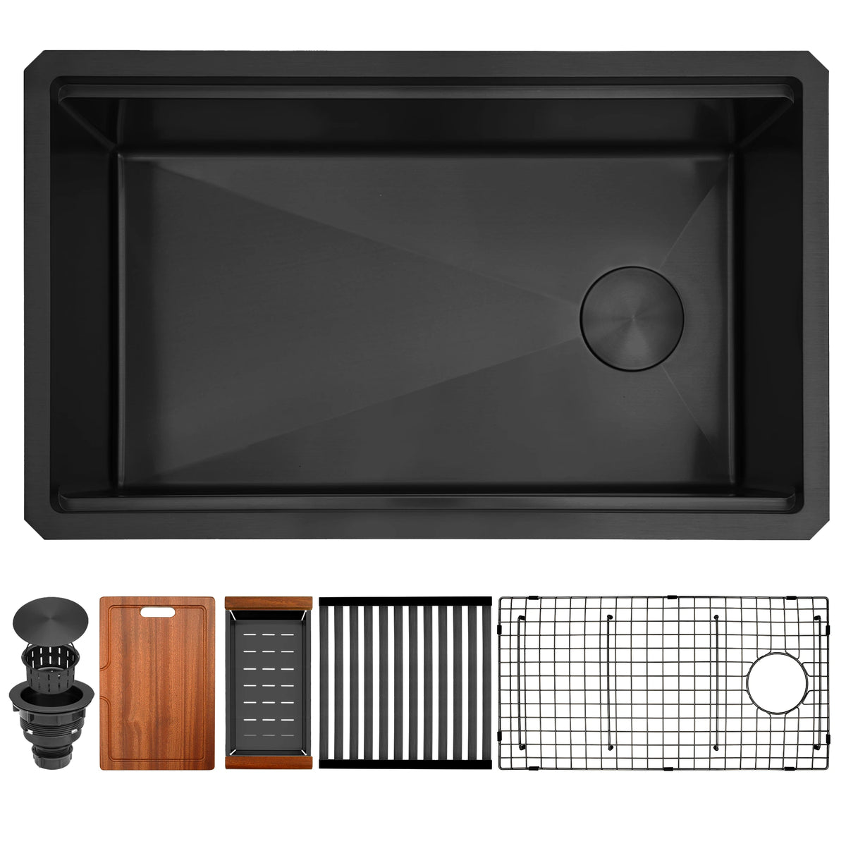 Black 30 inch undermount workstation kitchen sink with right offset drain and accessories