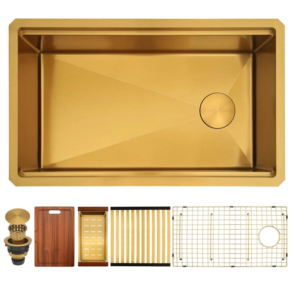 Gold 30 inch undermount workstation kitchen sink with right offset drain and accessories