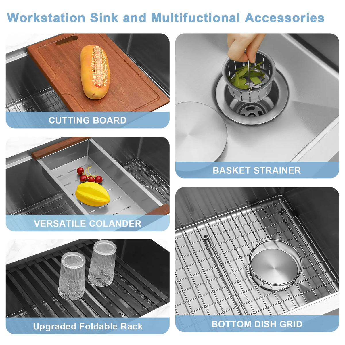 Included workstation accessories for LQS 30 inch offset drain kitchen sink