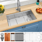 Stainless steel 30 inch undermount workstation kitchen sink installed with right offset drain