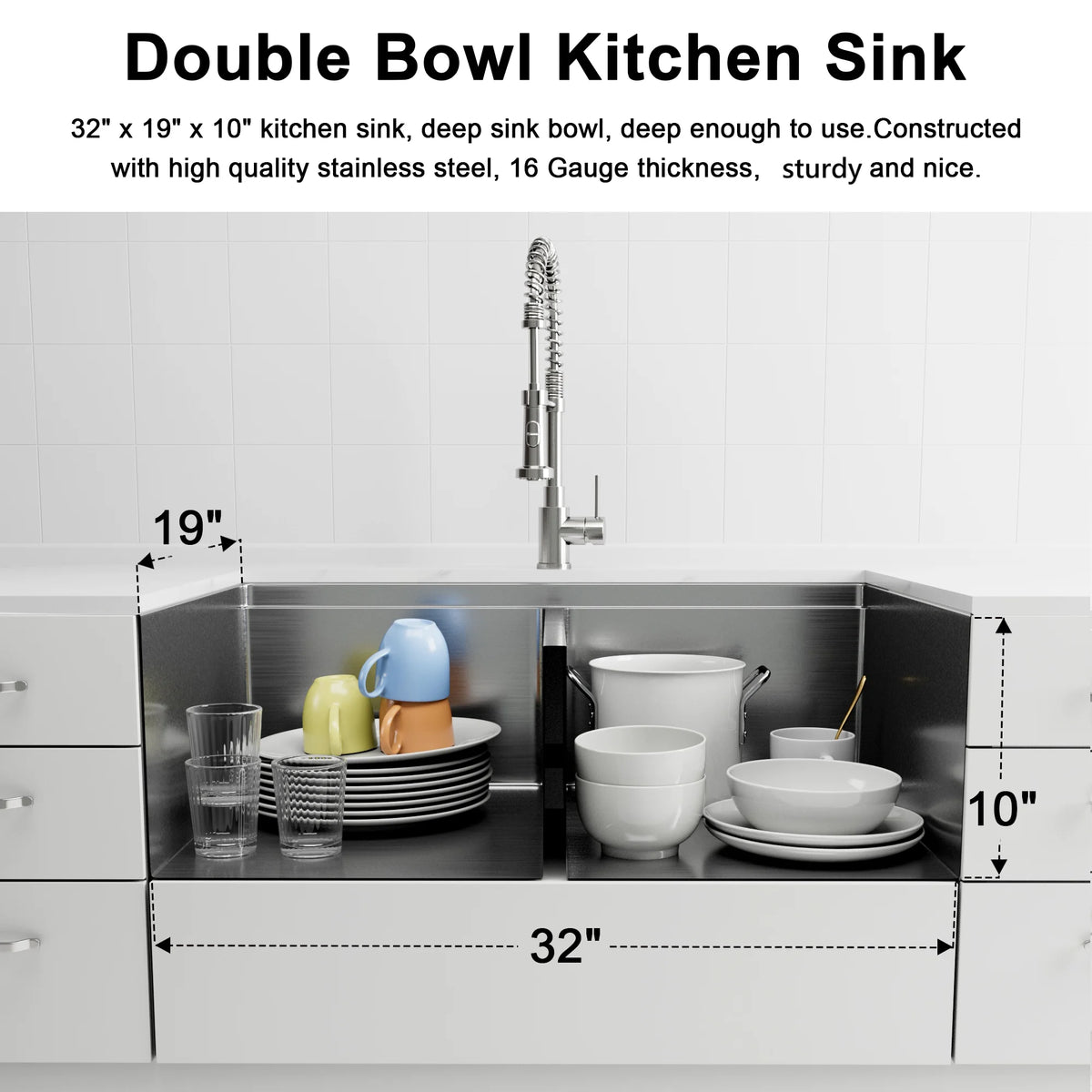 32 inch stainless steel double bowl kitchen sink with 10 inch deep bowls