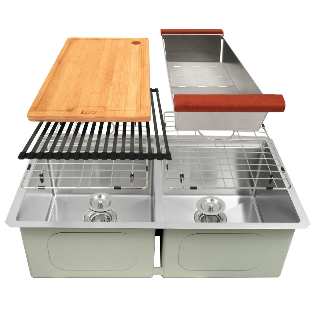 Stainless steel double bowl workstation kitchen sink with cutting board drying rack colander and bottom grids