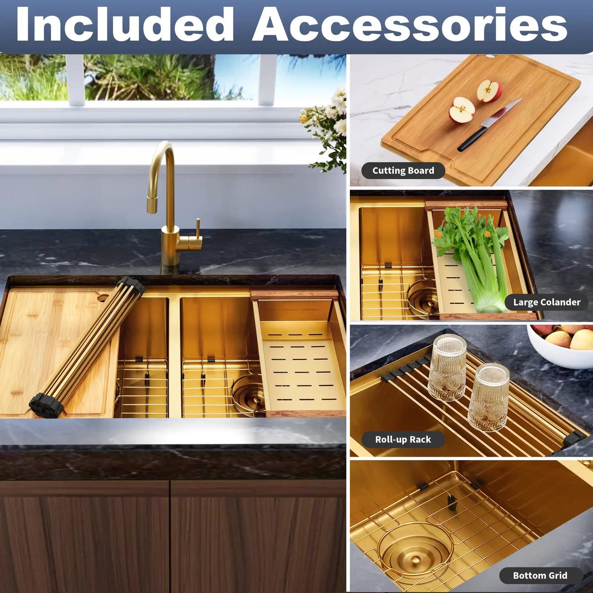 Included workstation accessories for double bowl kitchen sink