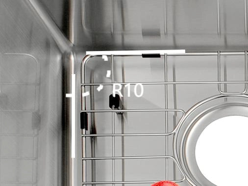 R10 corner detail on stainless steel double bowl kitchen sink