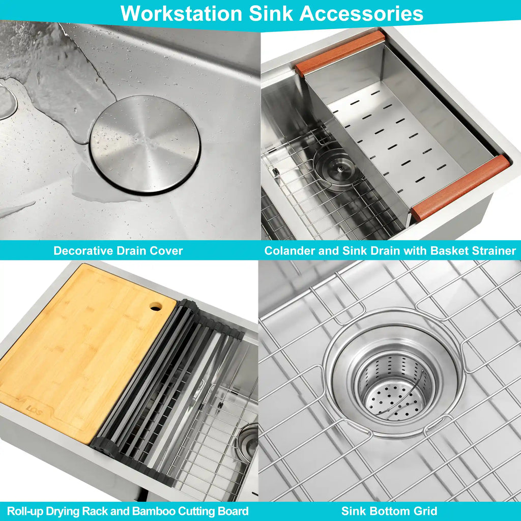 Workstation sink accessories including colander basket strainer drying rack cutting board and bottom grid