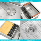 Workstation sink accessories including colander basket strainer drying rack cutting board and bottom grid