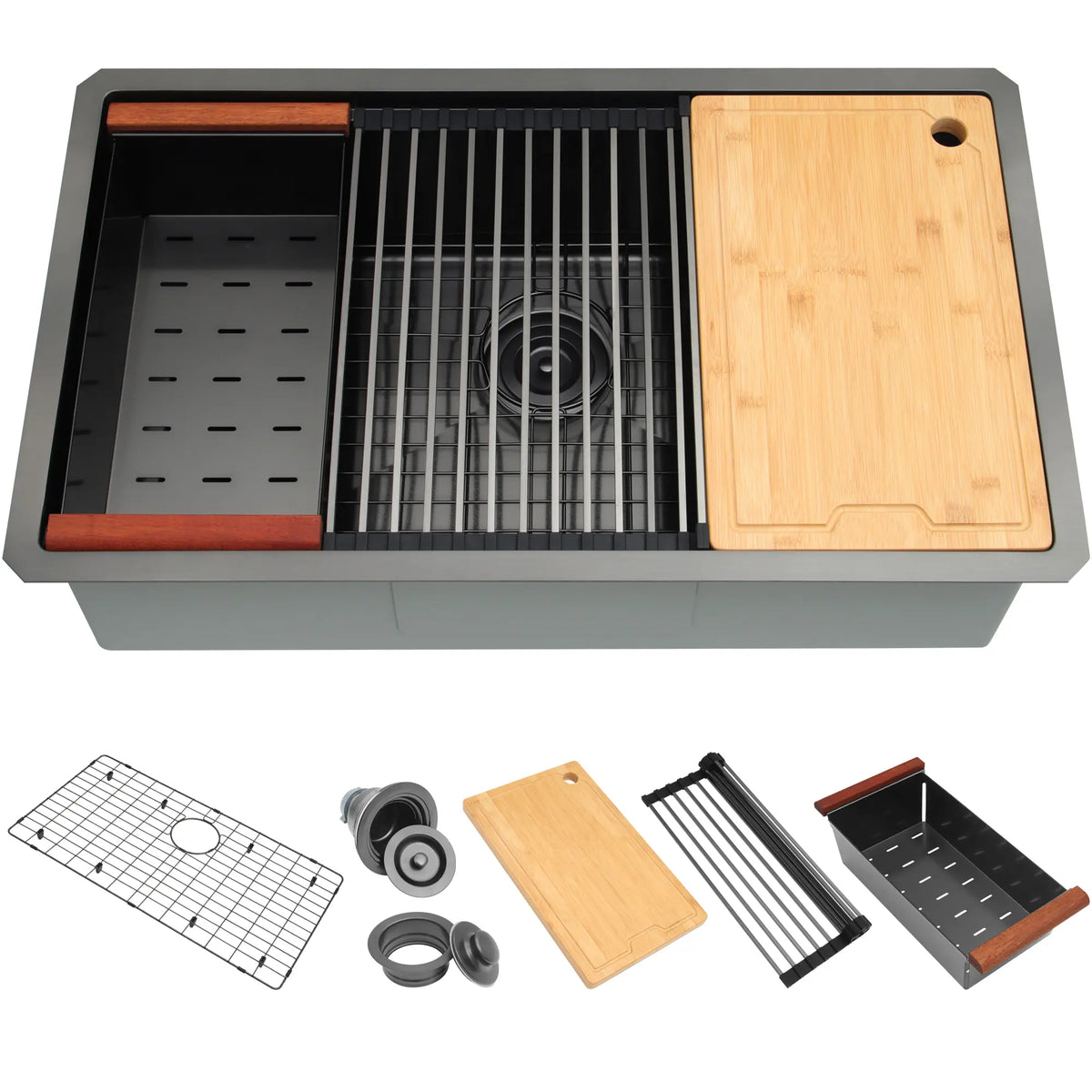 32 inch black undermount workstation single bowl kitchen sink with included accessories