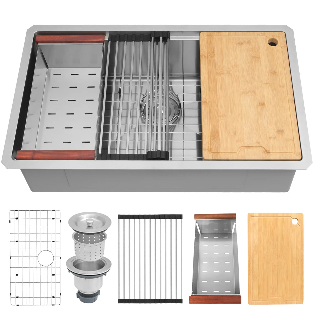 32 inch stainless steel undermount workstation single bowl kitchen sink with included accessories
