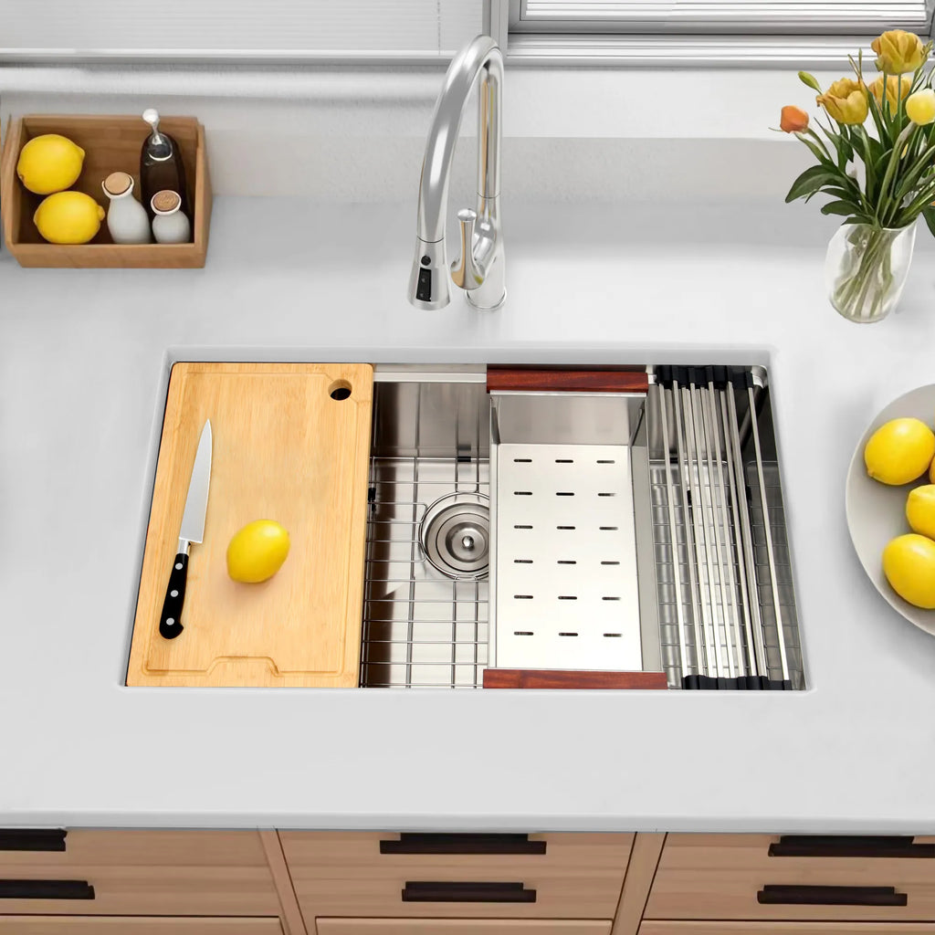 Stainless steel workstation kitchen sink with cutting board colander and roll-up drying rack
