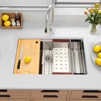 Stainless steel workstation kitchen sink with cutting board colander and roll-up drying rack