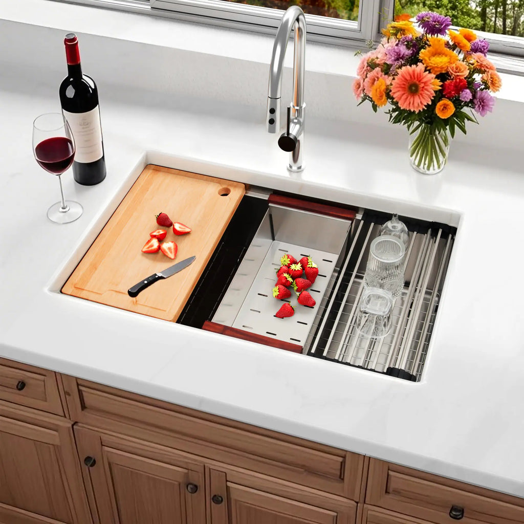 Stainless steel workstation kitchen sink with cutting board and colander