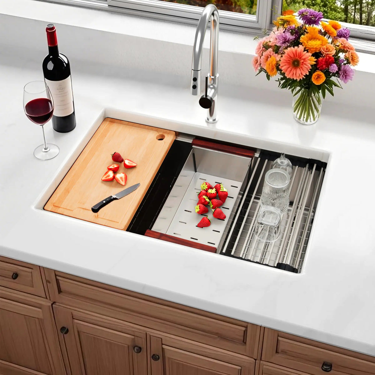 Stainless steel workstation kitchen sink with cutting board and colander