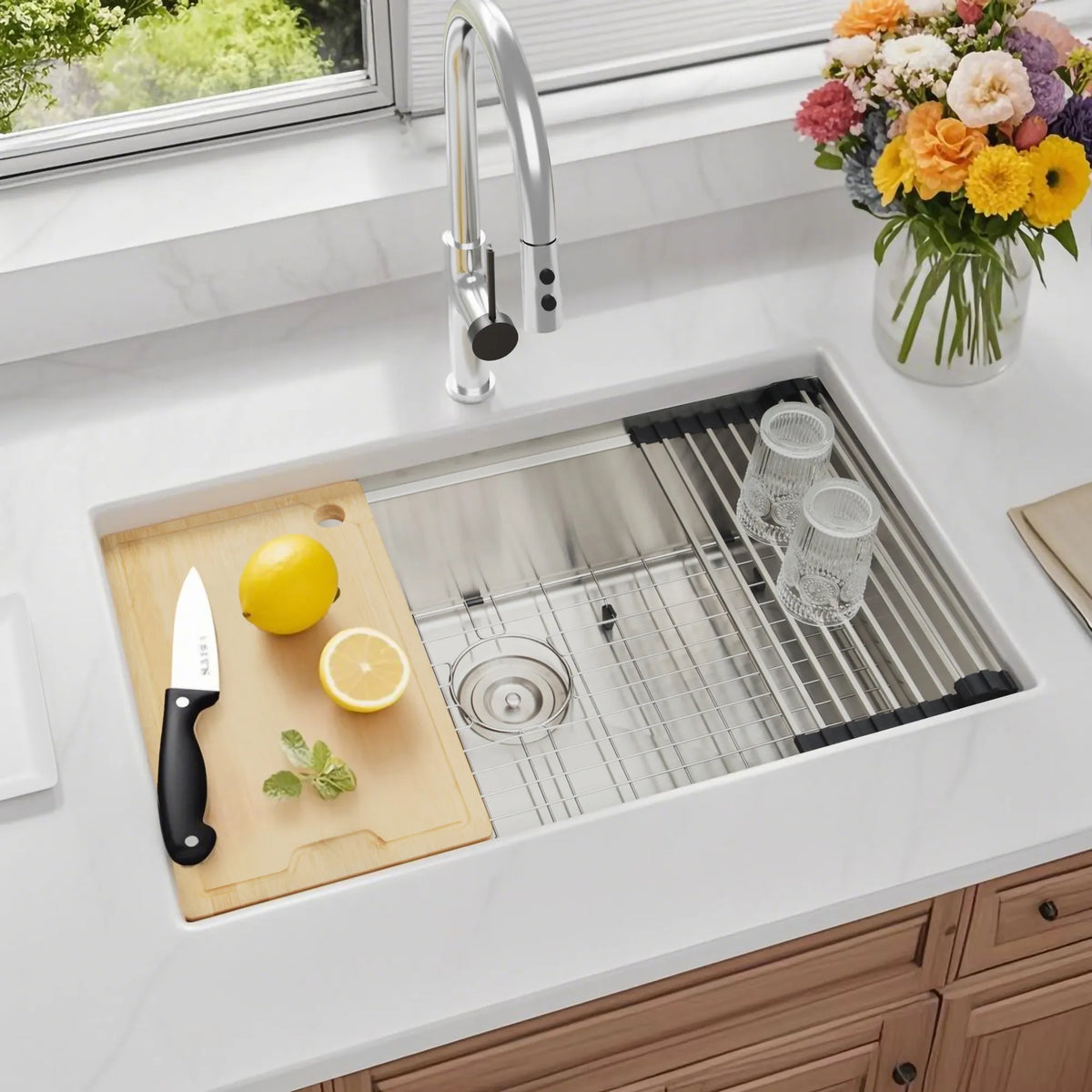 Stainless steel undermount workstation sink with bottom grid and roll-up drying rack