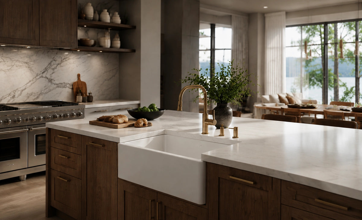 White quartz composite kitchen sink in a modern luxury kitchen