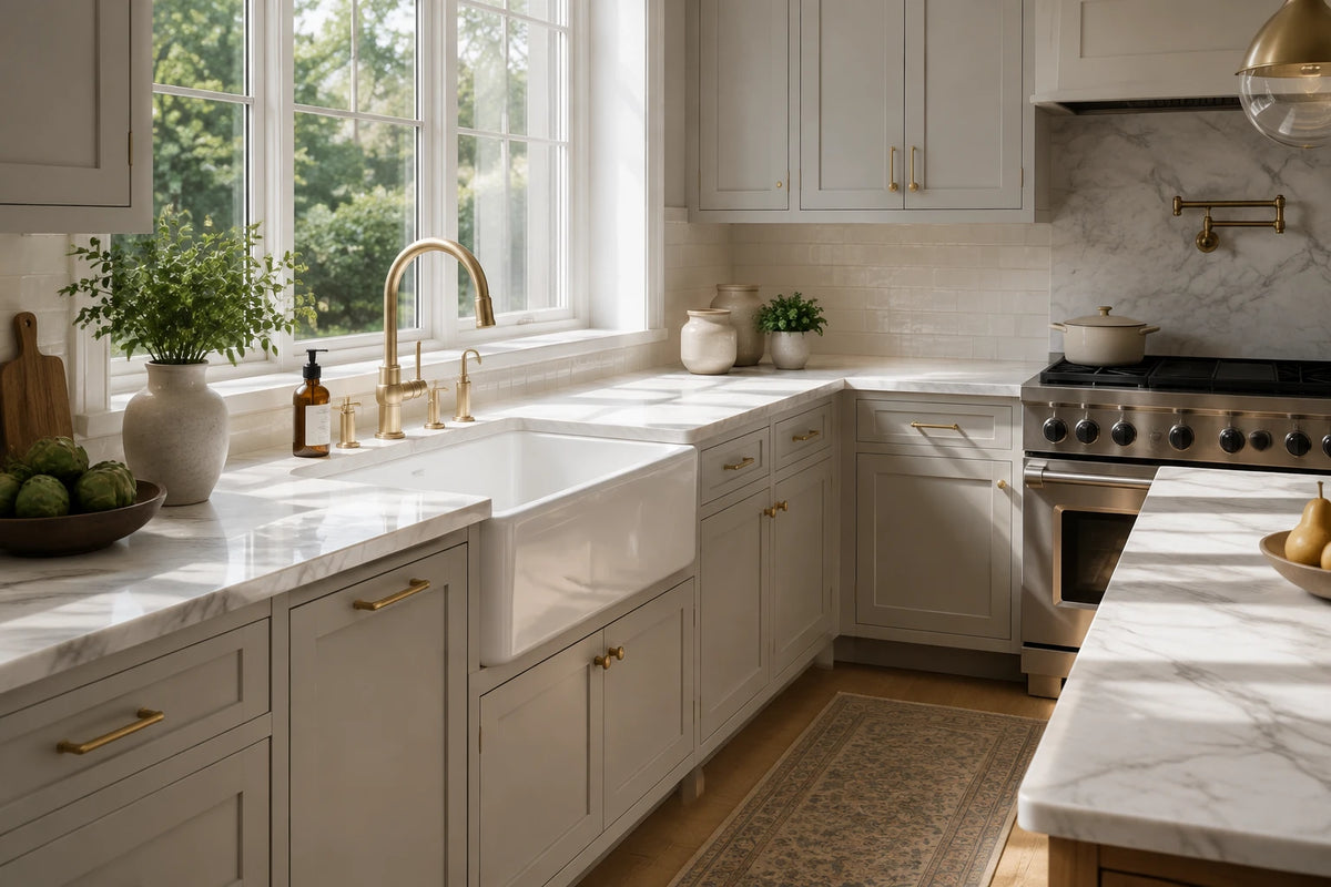 White quartz composite farmhouse kitchen sink in a bright modern kitchen